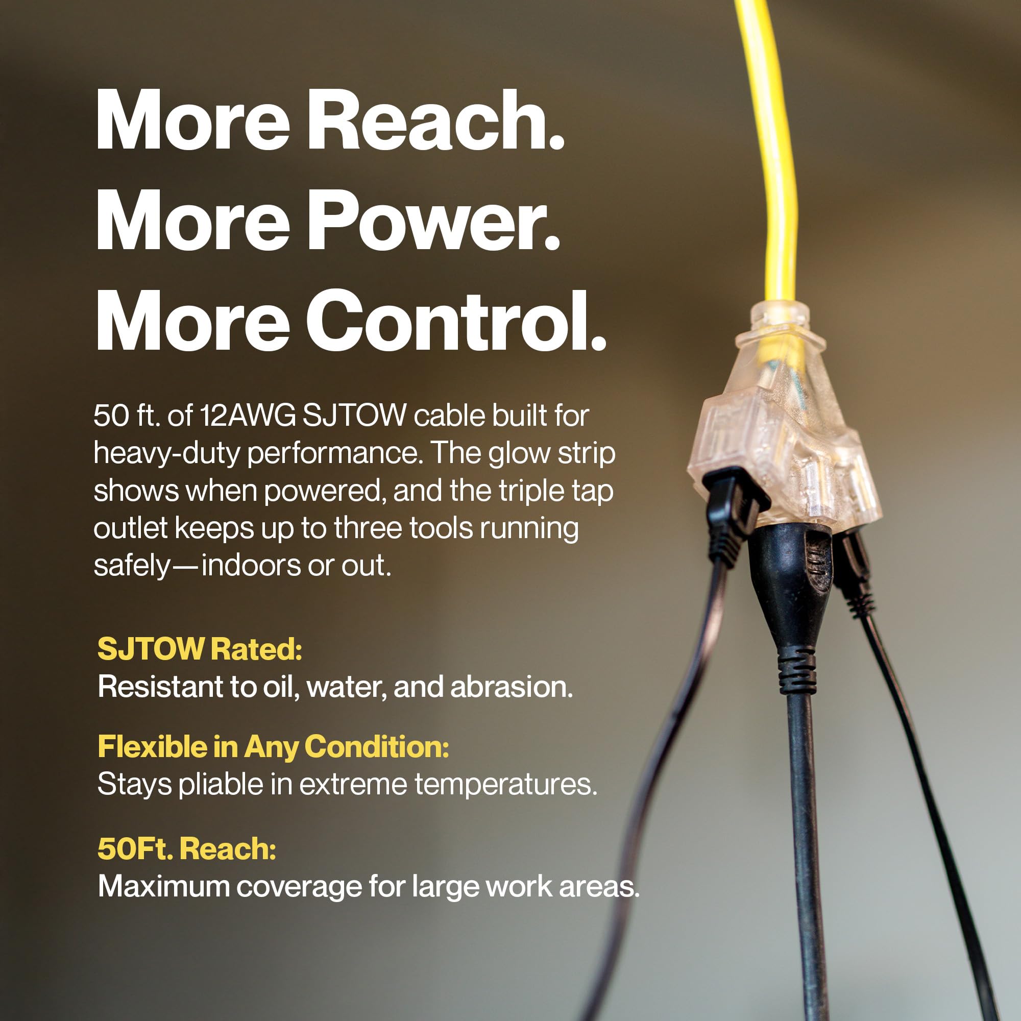 ReelWorks lightup triple tap connector provides easy night access to power tools.