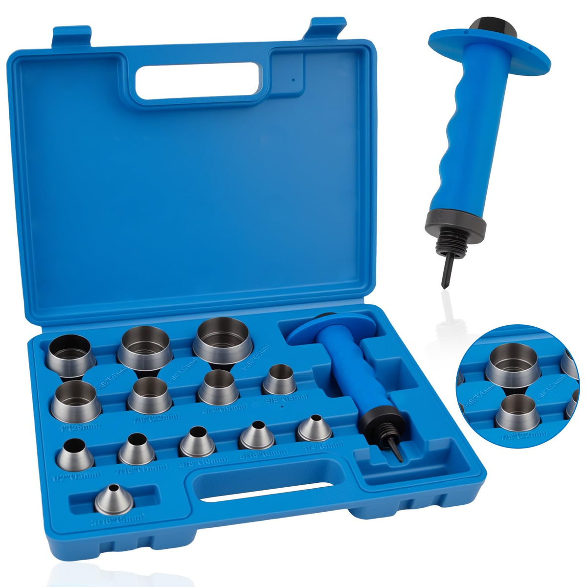 ReeMoo 14PCS hollow punch set case shows portable organization for on-the-go leatherwork.