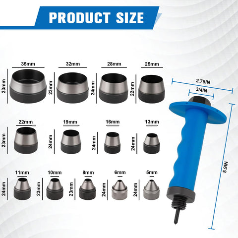 ReeMoo 14PCS hollow punch heads organized for quick size swapping and precise cuts.