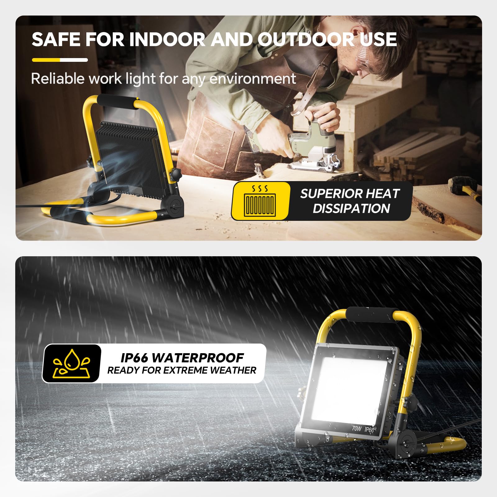 REFDAQ work light with adjustable angle demonstrates 360° swivel and 180° tilt for versatile positioning
