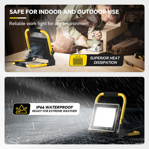 REFDAQ work light with adjustable angle demonstrates 360° swivel and 180° tilt for versatile positioning