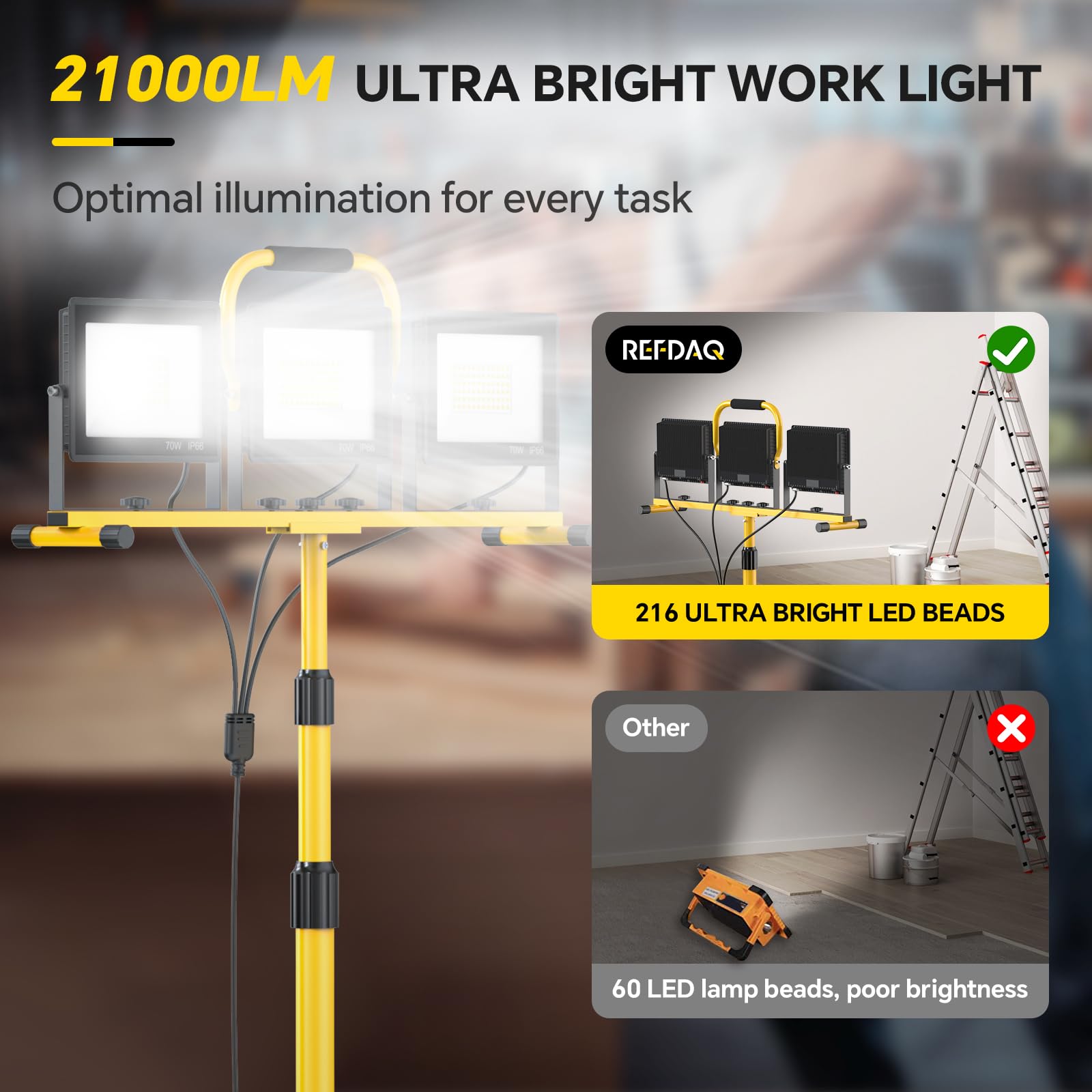 REFDAQ triple-head lights offer 360-degree rotation for flexible shadow control on site tasks.