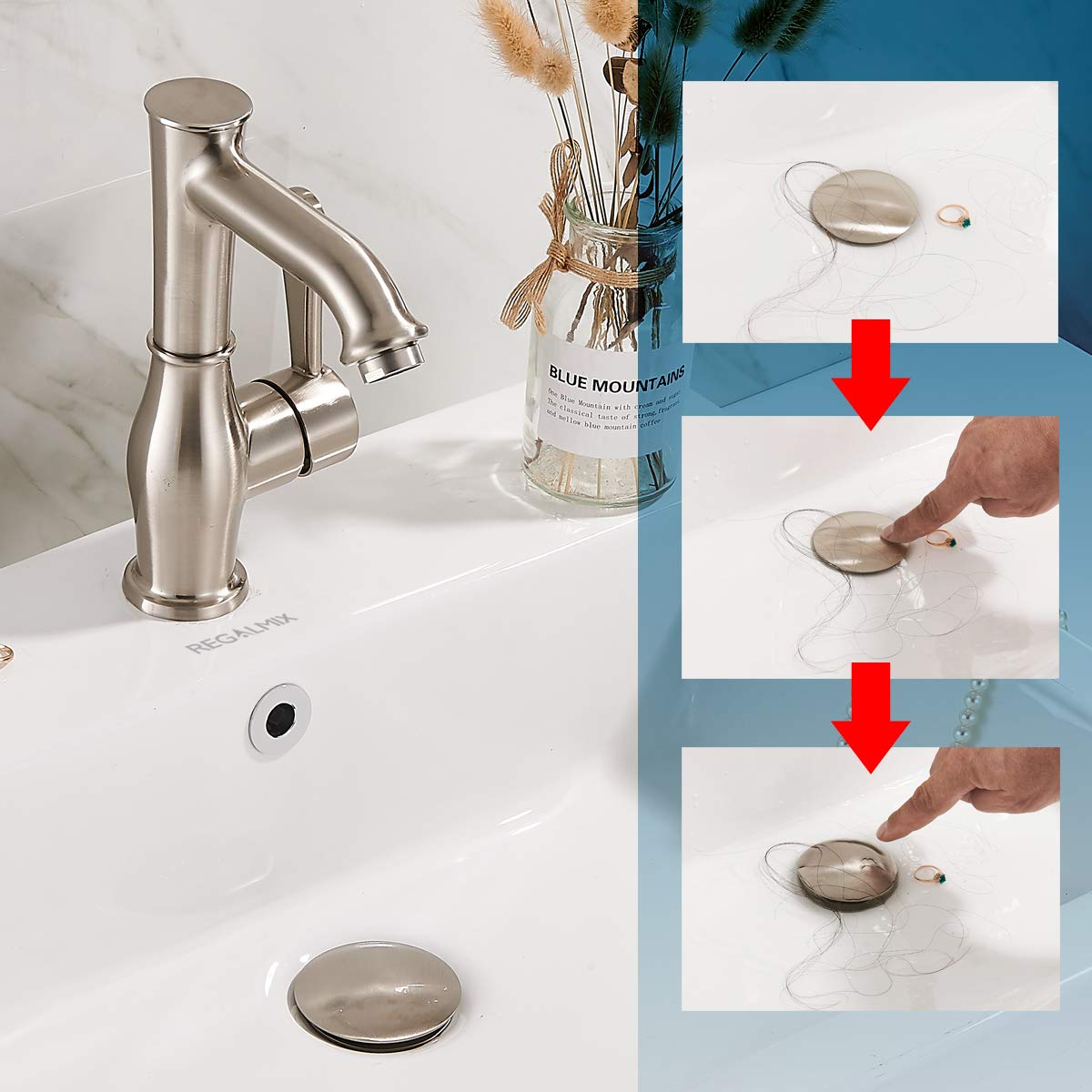 REGALMIX RWF083J anti-clog strainer keeps hair out of the drain.
