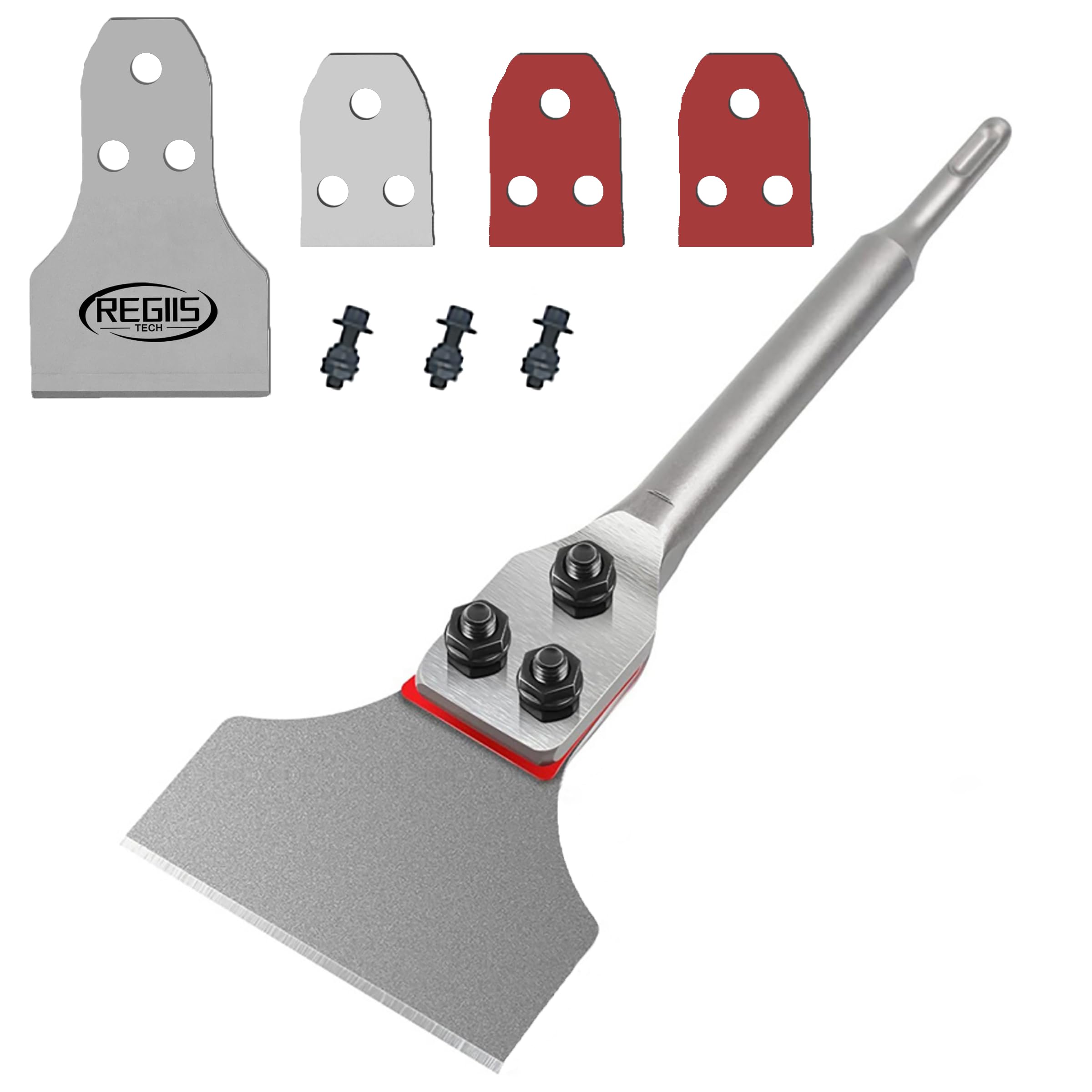 Regiis Tech SDS Plus floor scraper blade removes tile adhesive swiftly on concrete
