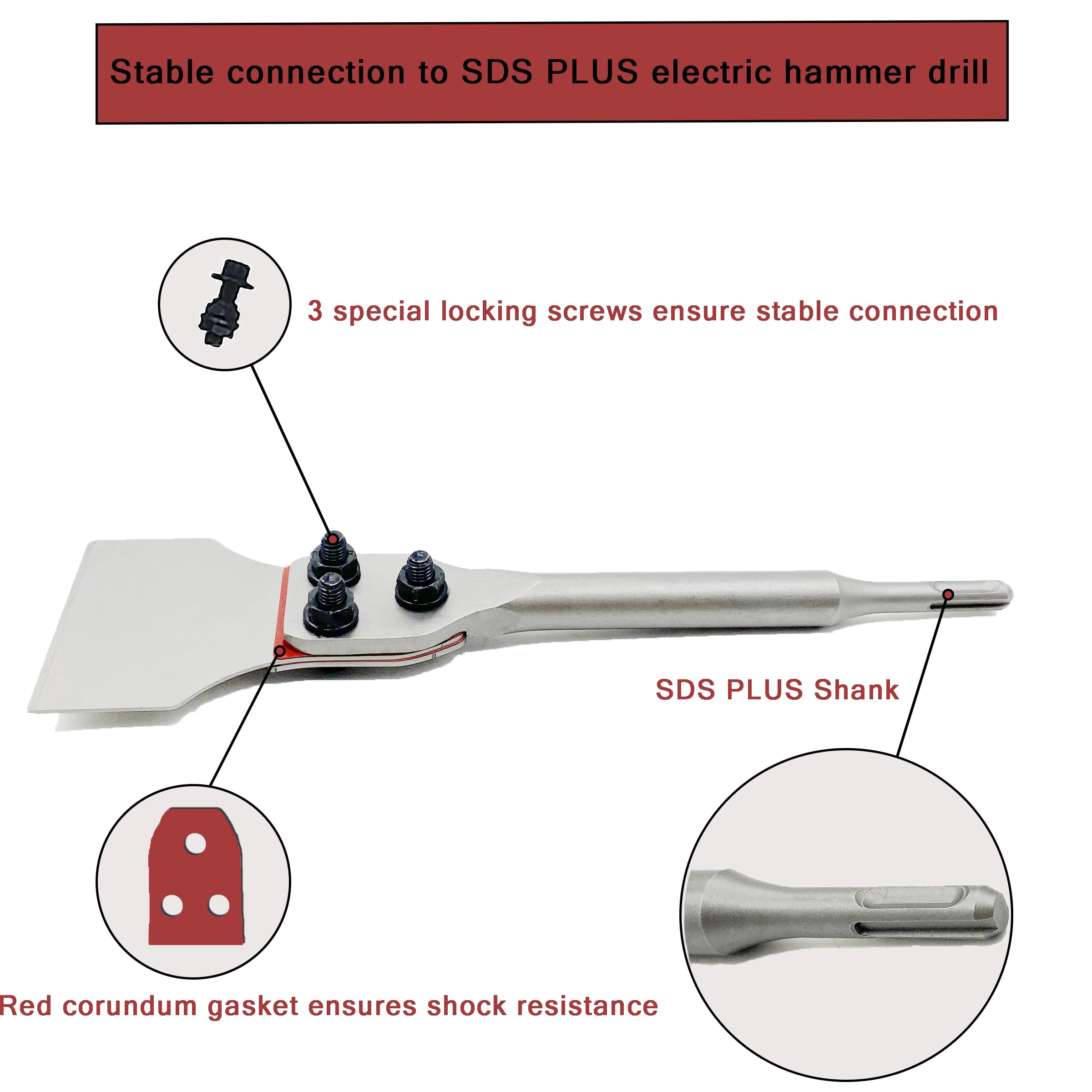 Regiis Tech floor scraper connection with four screws prevents blade loosening during use