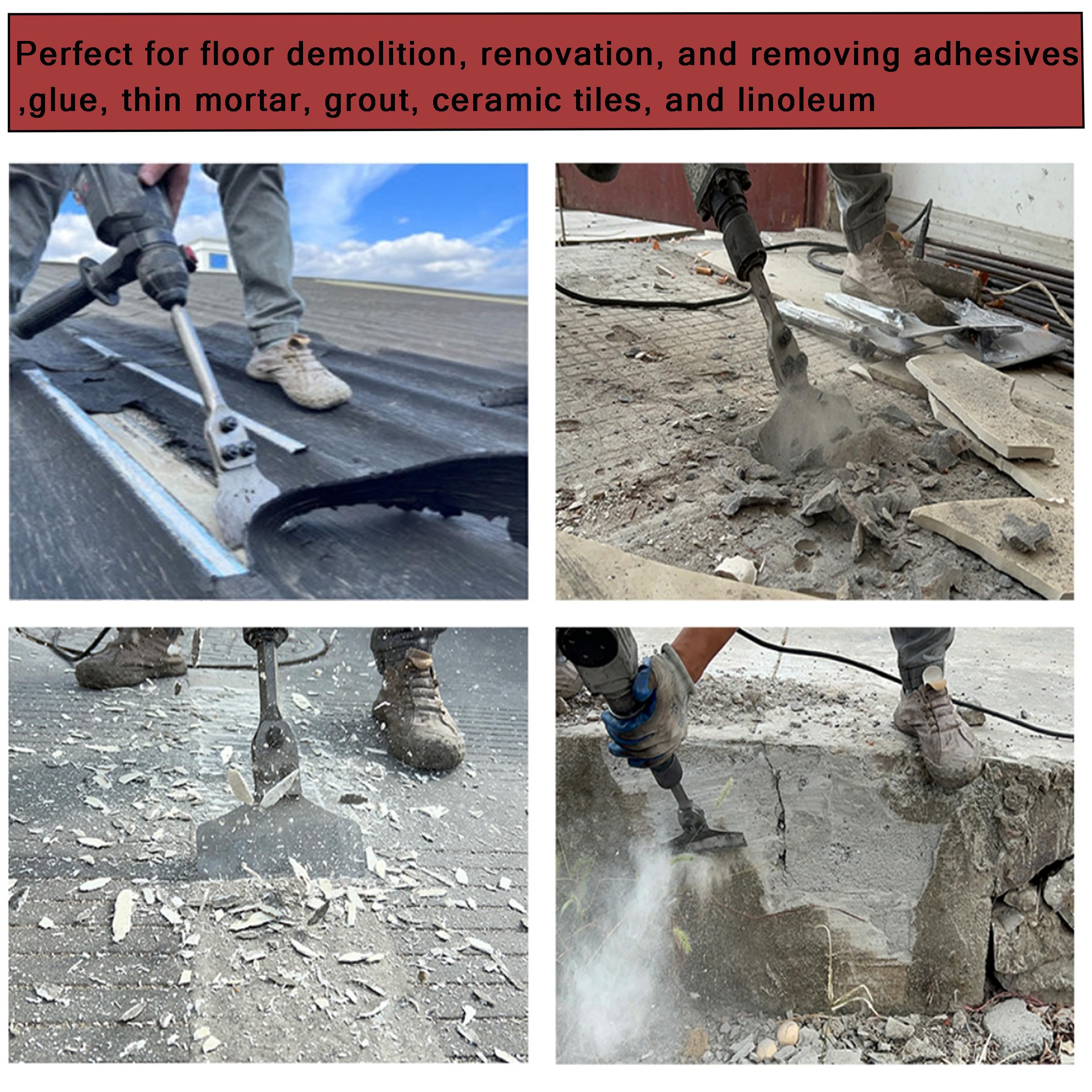 Regiis Tech floor scraper in use demonstrates efficient tile removal on a jobsite