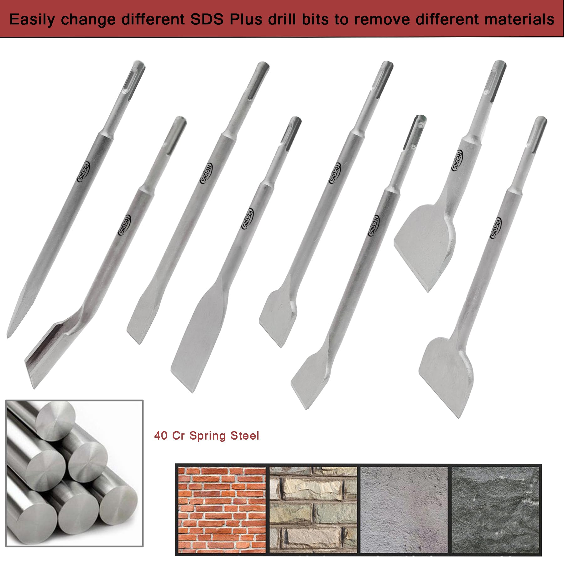Regiis Tech SDS Plus pointed chisel for targeted breakthroughs and cleanup.