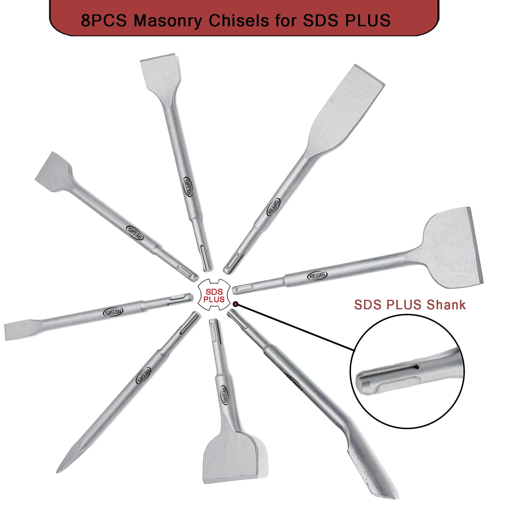 Regiis Tech SDS Plus scraping chisels pair for material removal in tight areas.