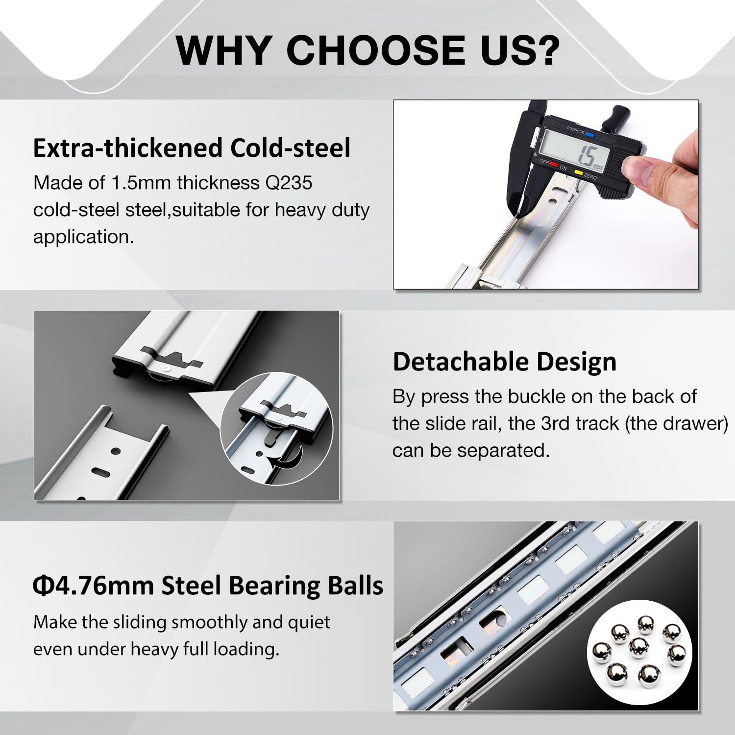 REGUDA heavy-duty drawer slides full extension 24-inch with two-row ball bearings improve smoothness.