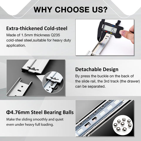 REGUDA heavy-duty drawer slides full extension 24-inch with two-row ball bearings improve smoothness.