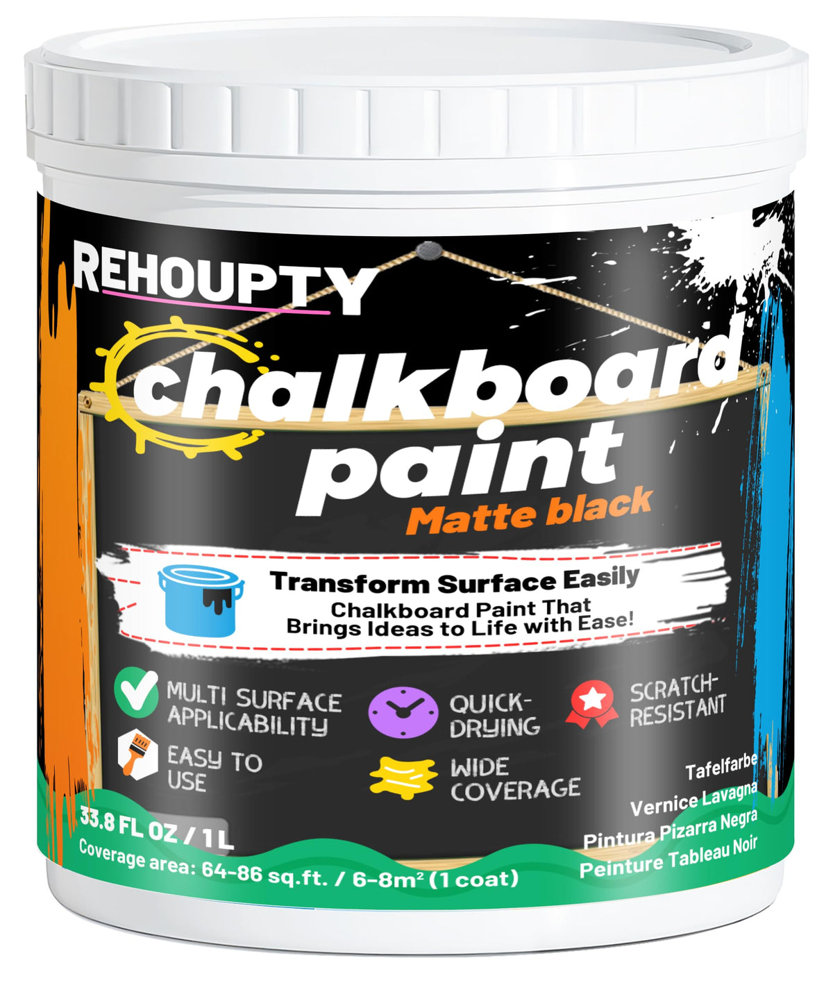 REHOUPTY black chalkboard paint bottle showing interior, easy-to-apply coating