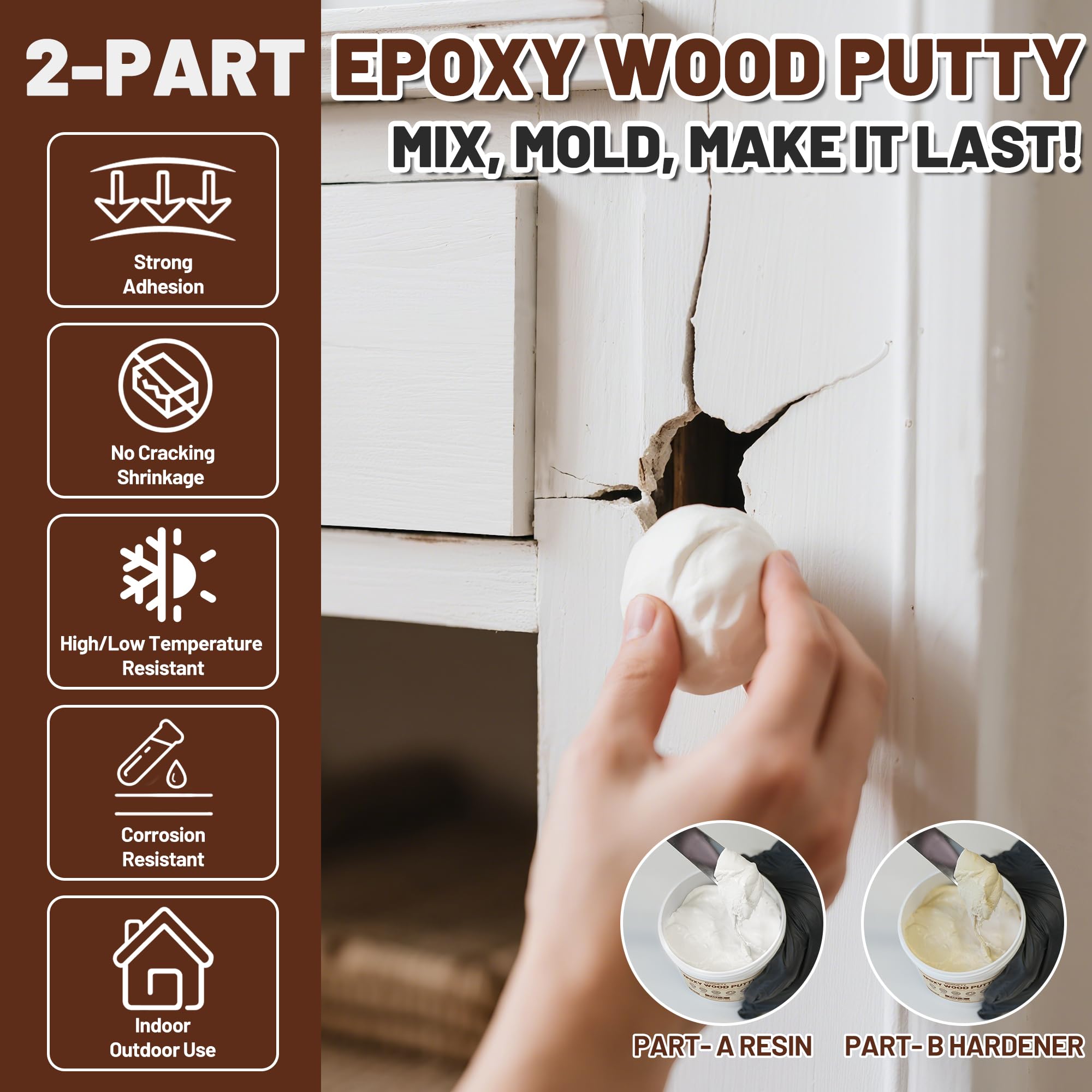 Smoothly applied REHOUPTY wood putty filling a crack on furniture.
