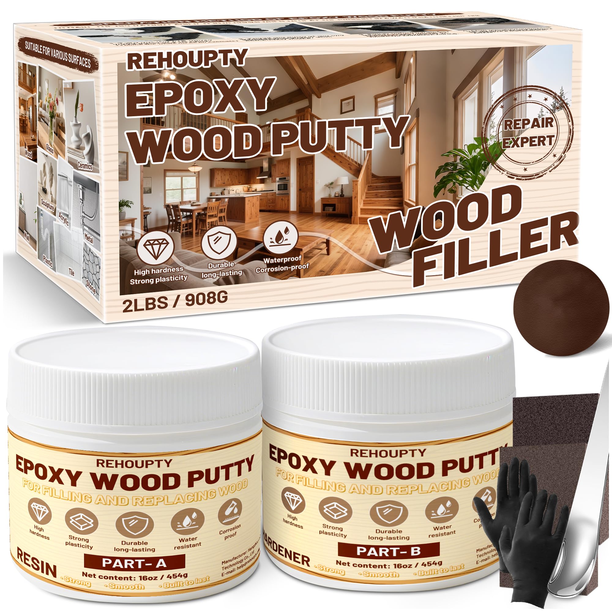 REHOUPTY epoxy wood putty kit components ready for mixing, showcasing strength and versatility.