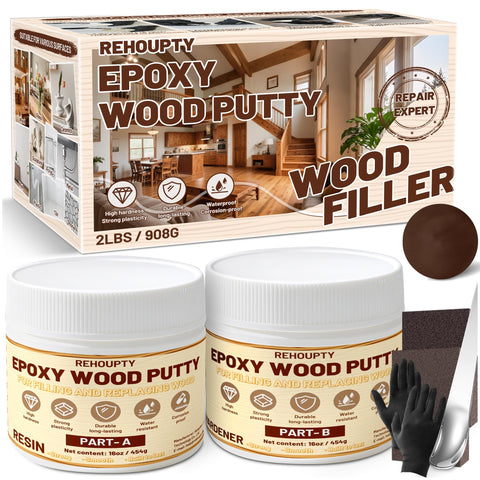 REHOUPTY epoxy wood putty kit components ready for mixing, showcasing strength and versatility.