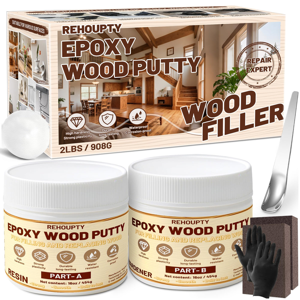 REHOUPTY epoxy wood putty kit bottle with resin and hardener for durable repairs.