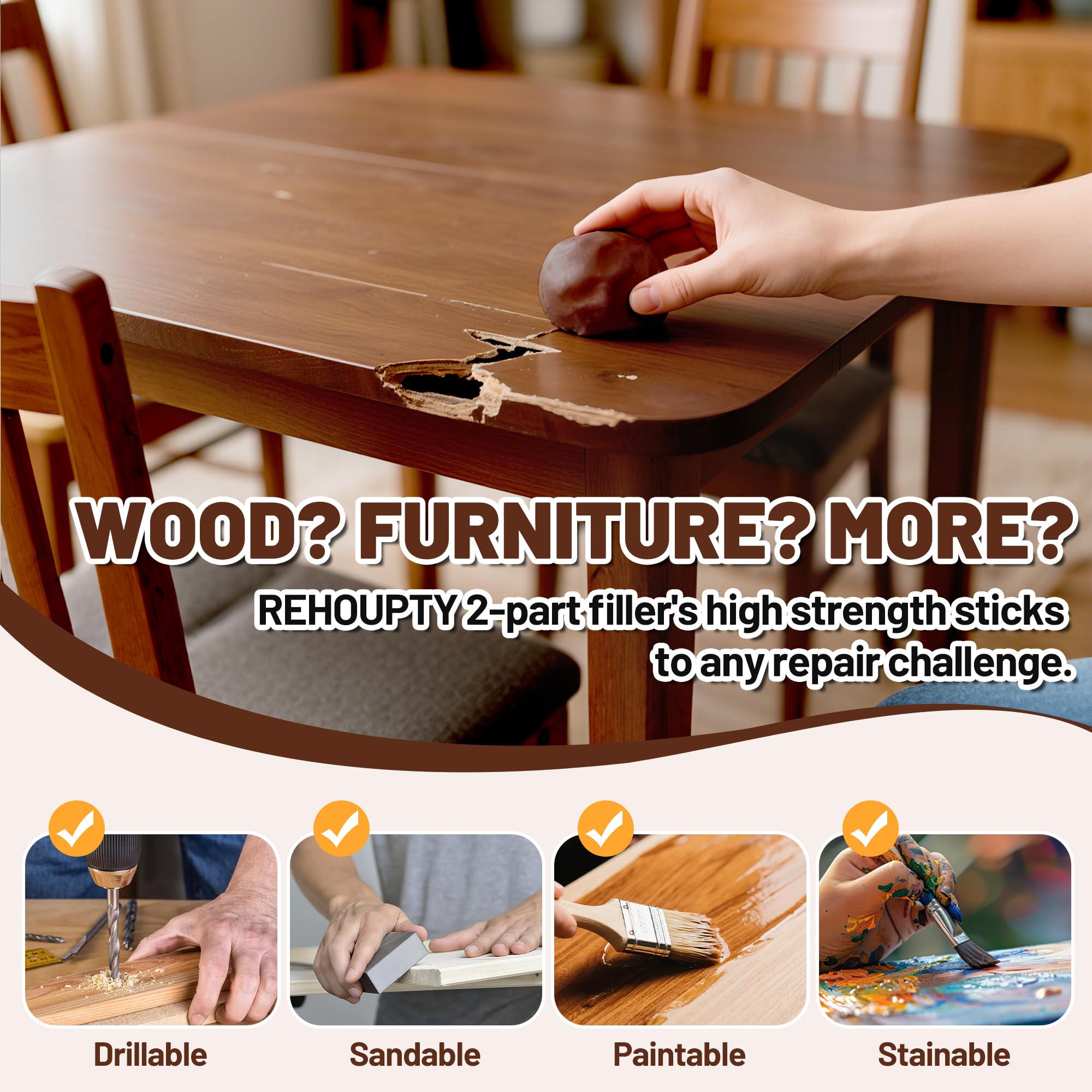 REHOUPTY epoxy wood filler ready to stain or paint to match surrounding wood.
