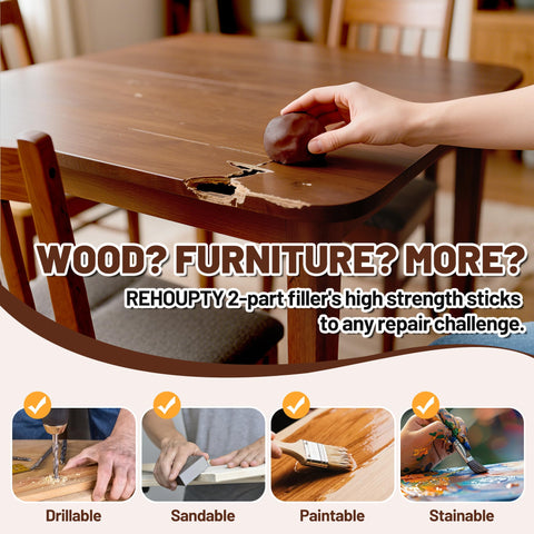 REHOUPTY epoxy wood filler ready to stain or paint to match surrounding wood.