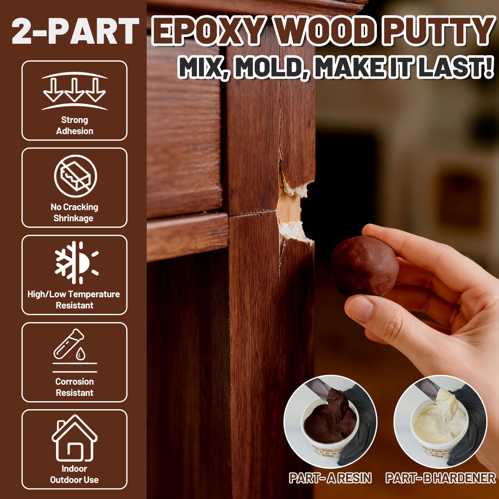 REHOUPTY epoxy wood putty being applied to a crack on wood surface.