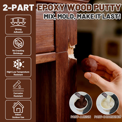 REHOUPTY epoxy wood putty being applied to a crack on wood surface.