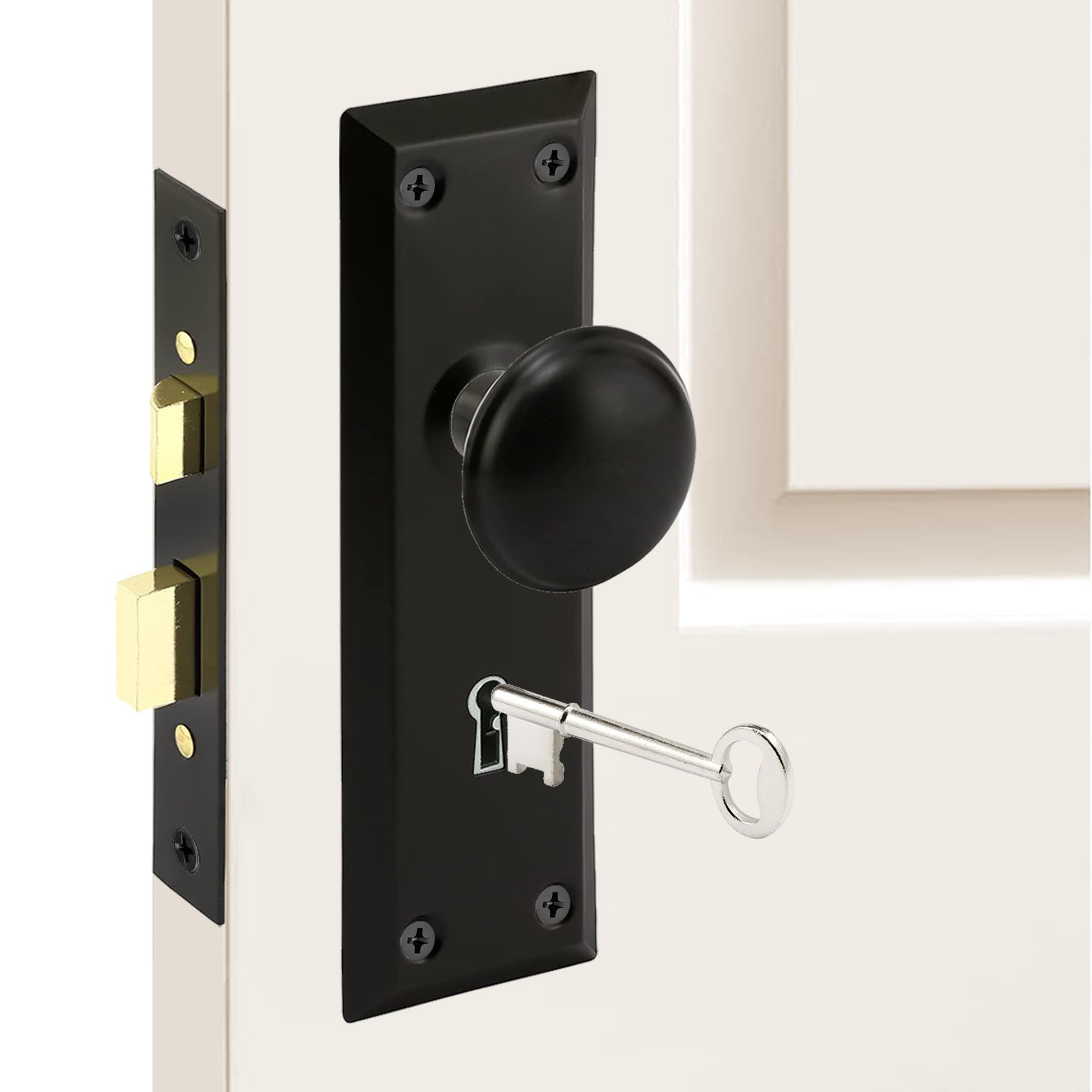 ReigaHood mortise lock set with knobs for antique interior doors.