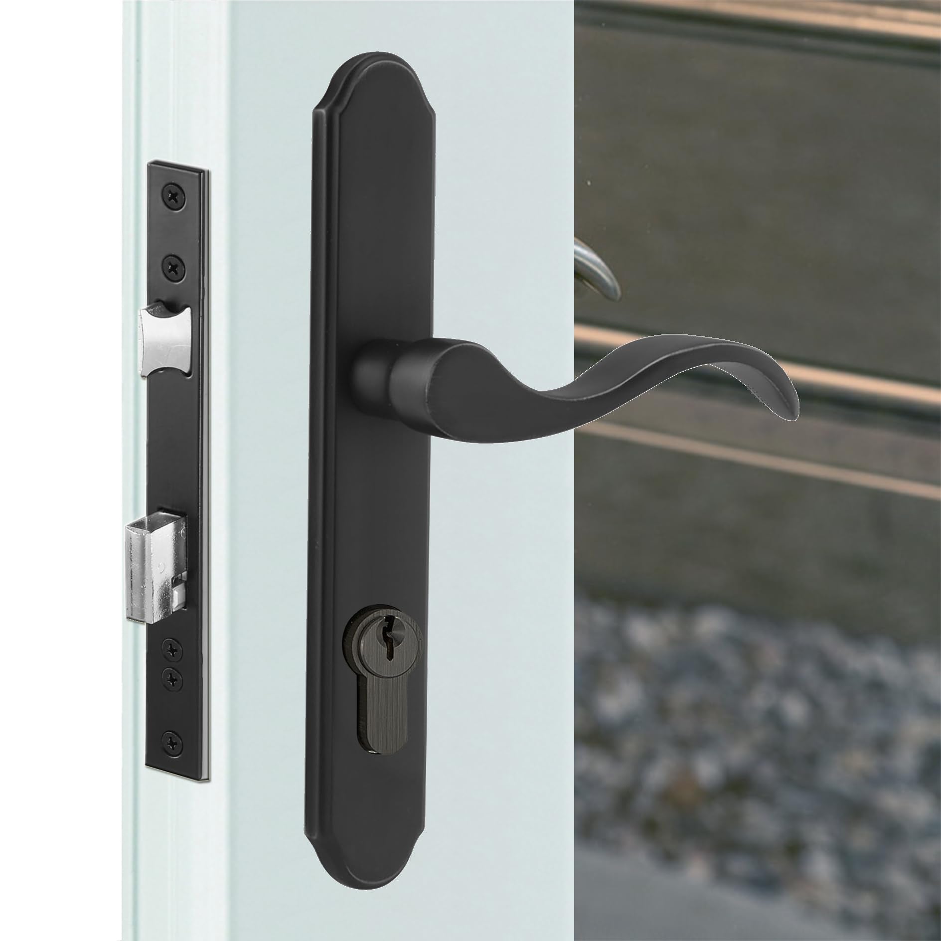 ReigaHood lever handles in matte black for durable storm door use and secure grip