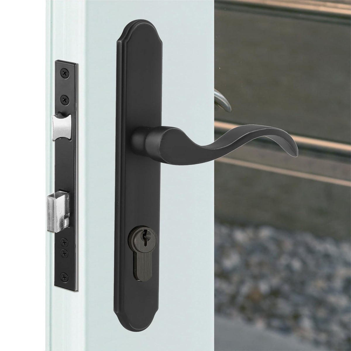 ReigaHood lever handles in matte black for durable storm door use and secure grip