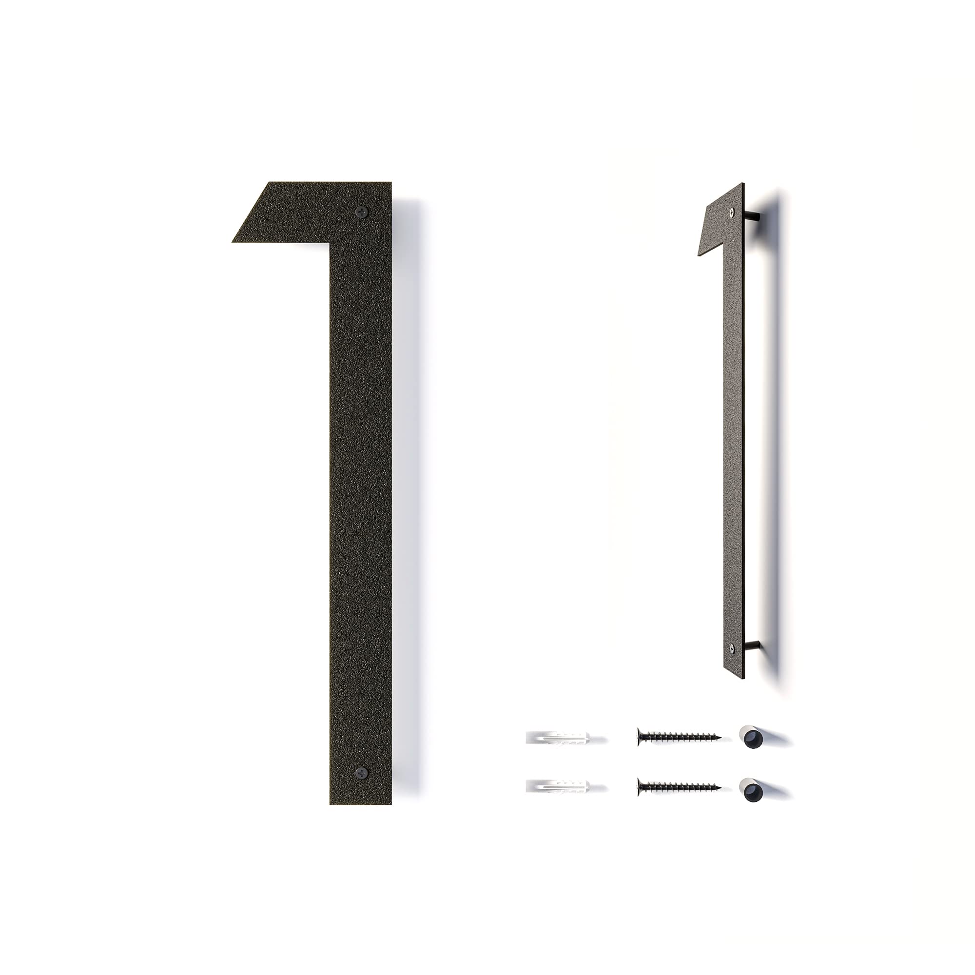 REINCARVATION 12-inch floating house number with black coating for outdoor visibility.