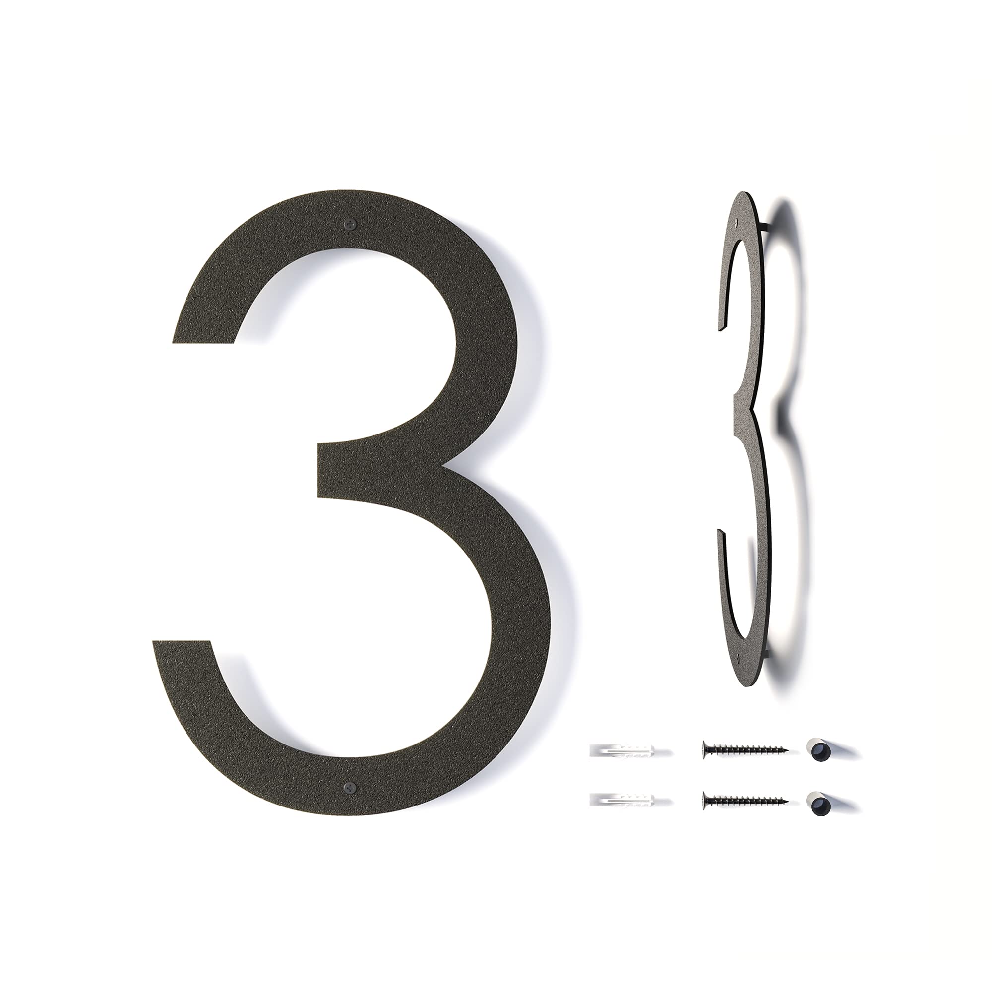 REINCARVATION 12-inch floating house number for outdoors with a sleek black powder-coated finish.
