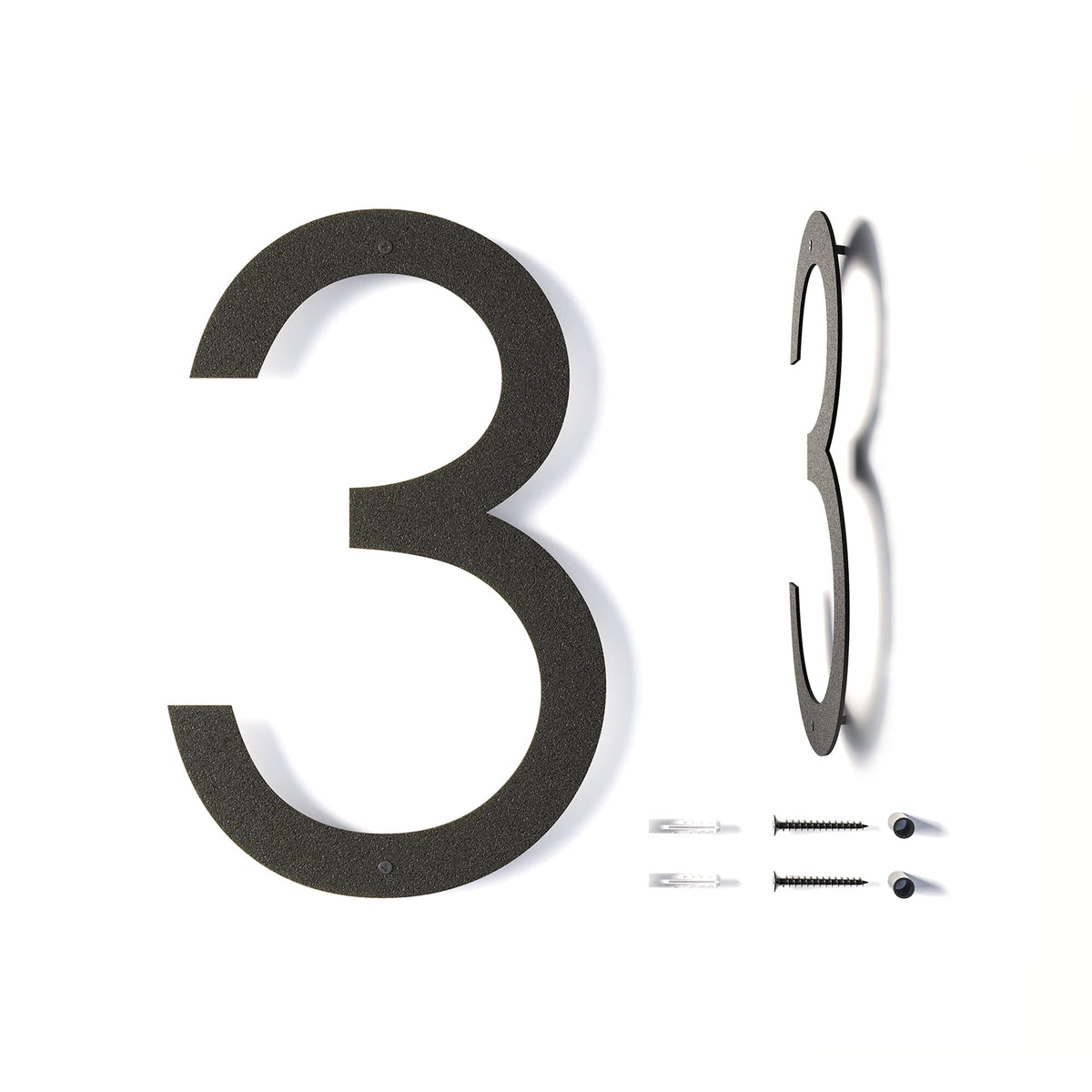 REINCARVATION 12-inch floating house number for outdoors with a sleek black powder-coated finish.