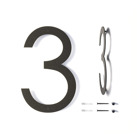 REINCARVATION 12-inch floating house number for outdoors with a sleek black powder-coated finish.