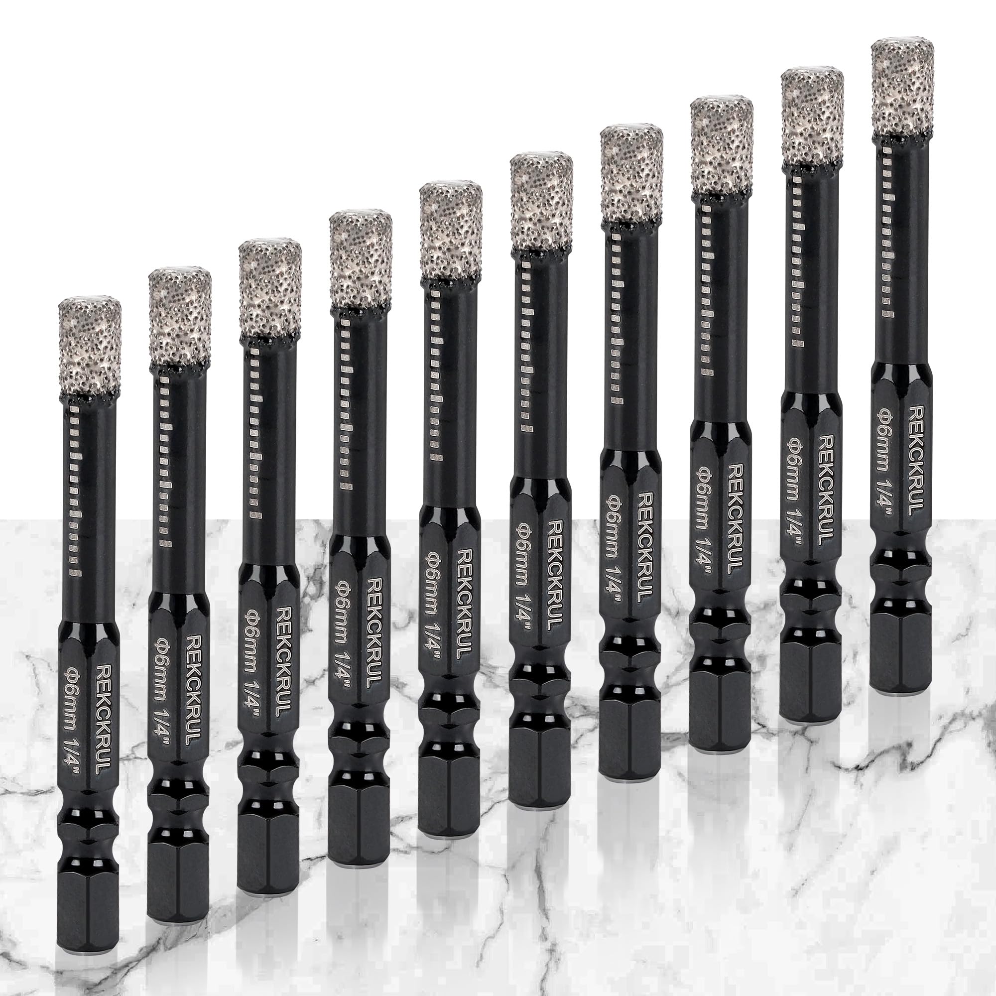 REKCKRUL diamond drill bits set image shows ten pieces for precise one-fourth-inch holes.