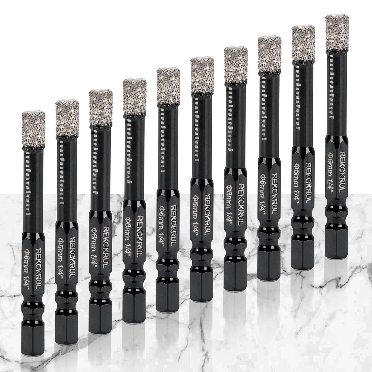 REKCKRUL diamond drill bits set image shows ten pieces for precise one-fourth-inch holes.