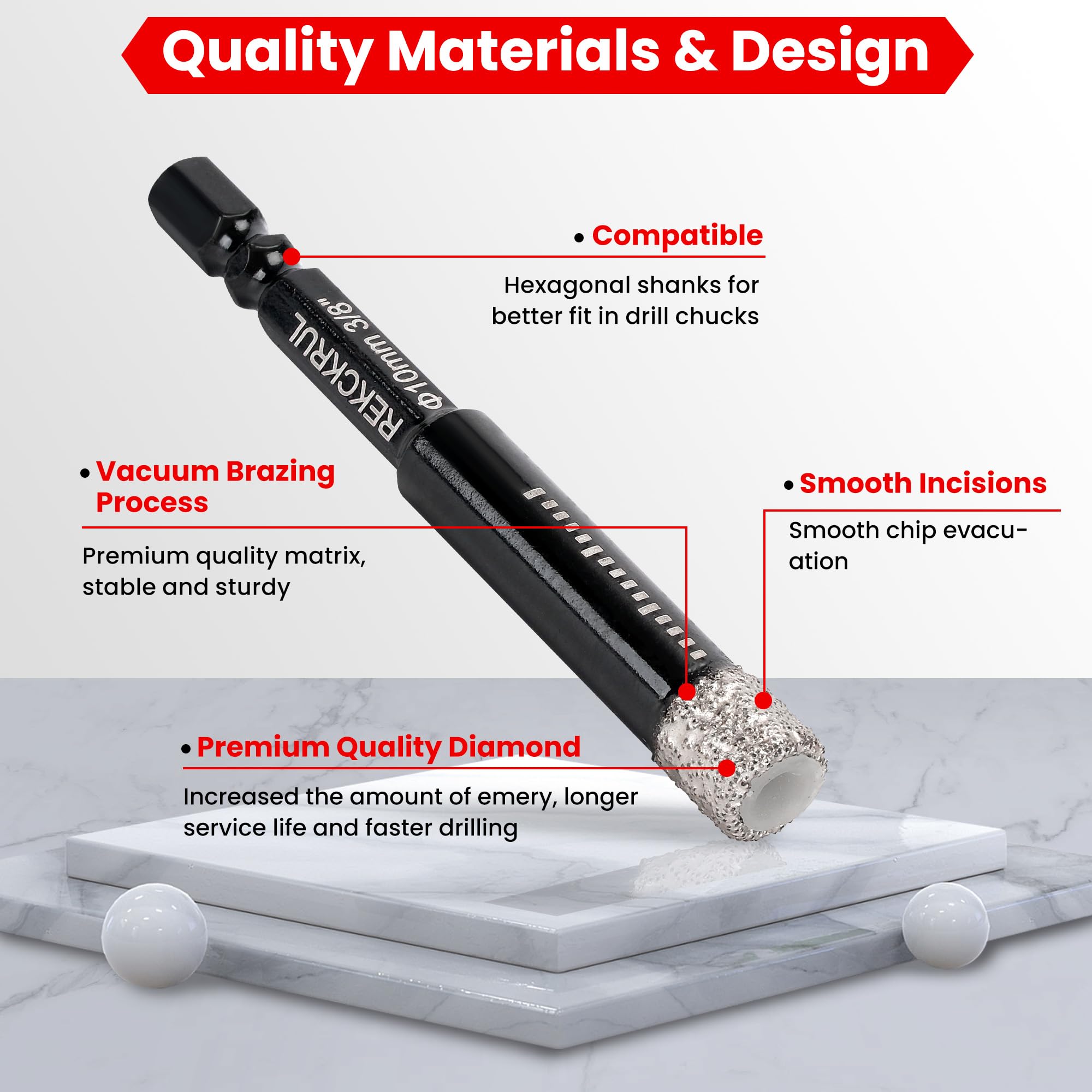 REKCKRUL hex shank provides secure grip during drilling.