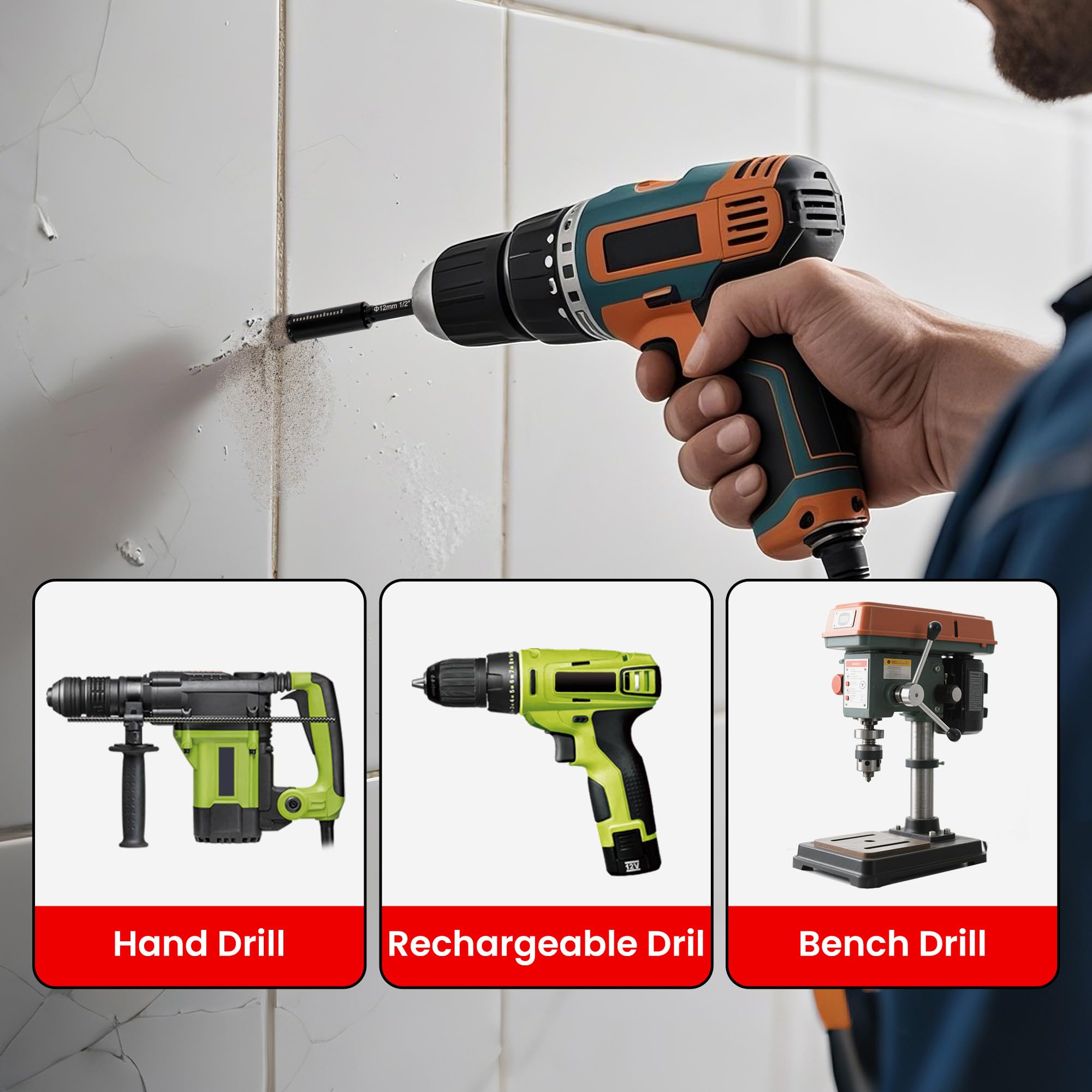 REKCKRUL multi-material compatibility covers ceramic, tile, glass, granite, and marble.
