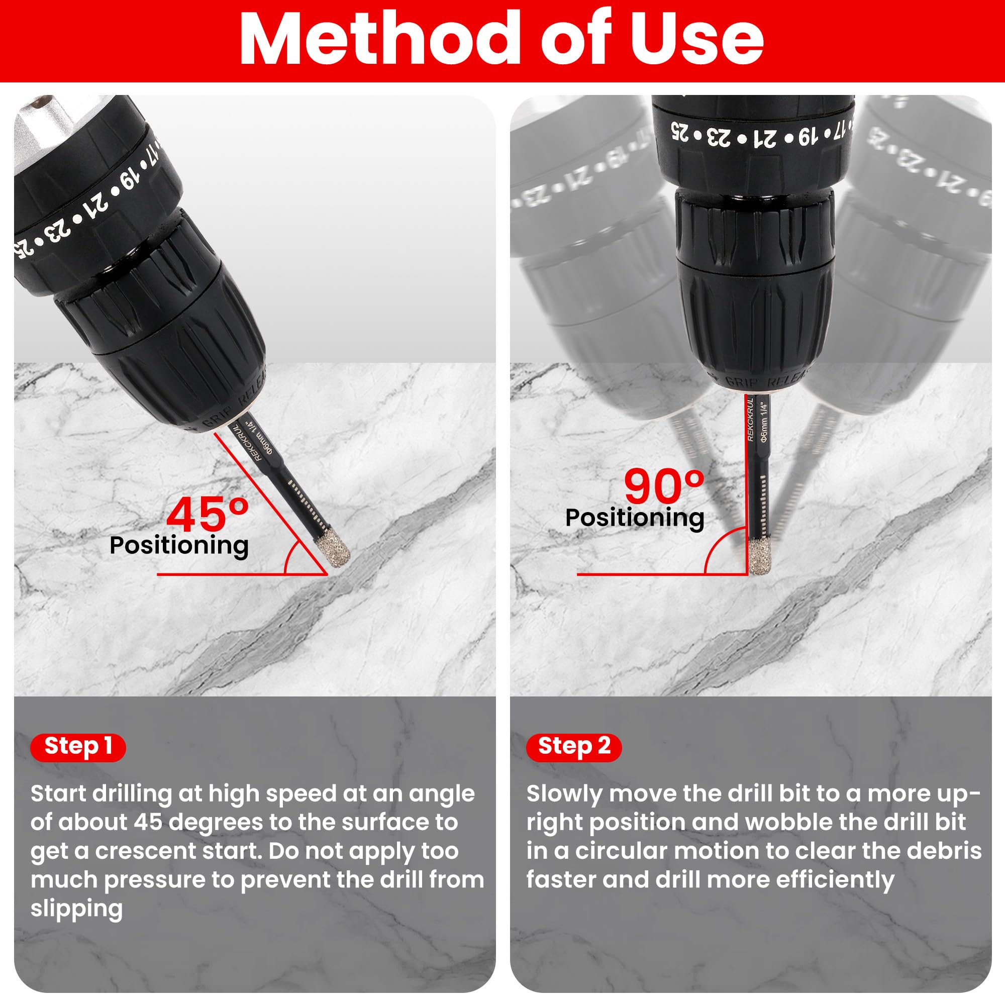 REKCKRUL clear size markings speed up bit selection.