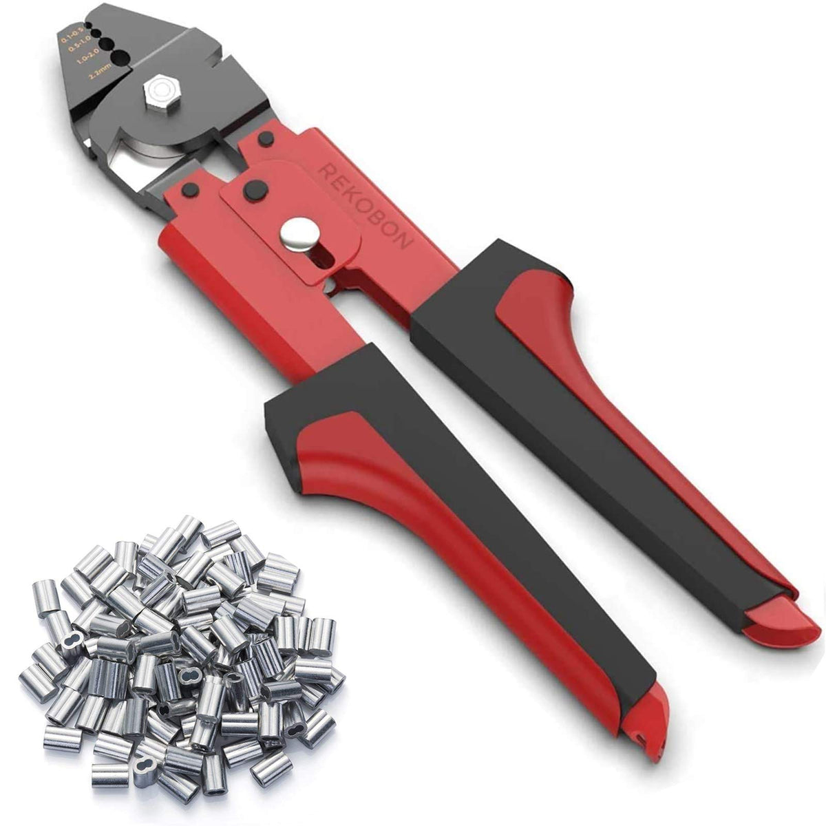 REKOBON wire rope crimping tool for precise 2.2 mm swager crimps.