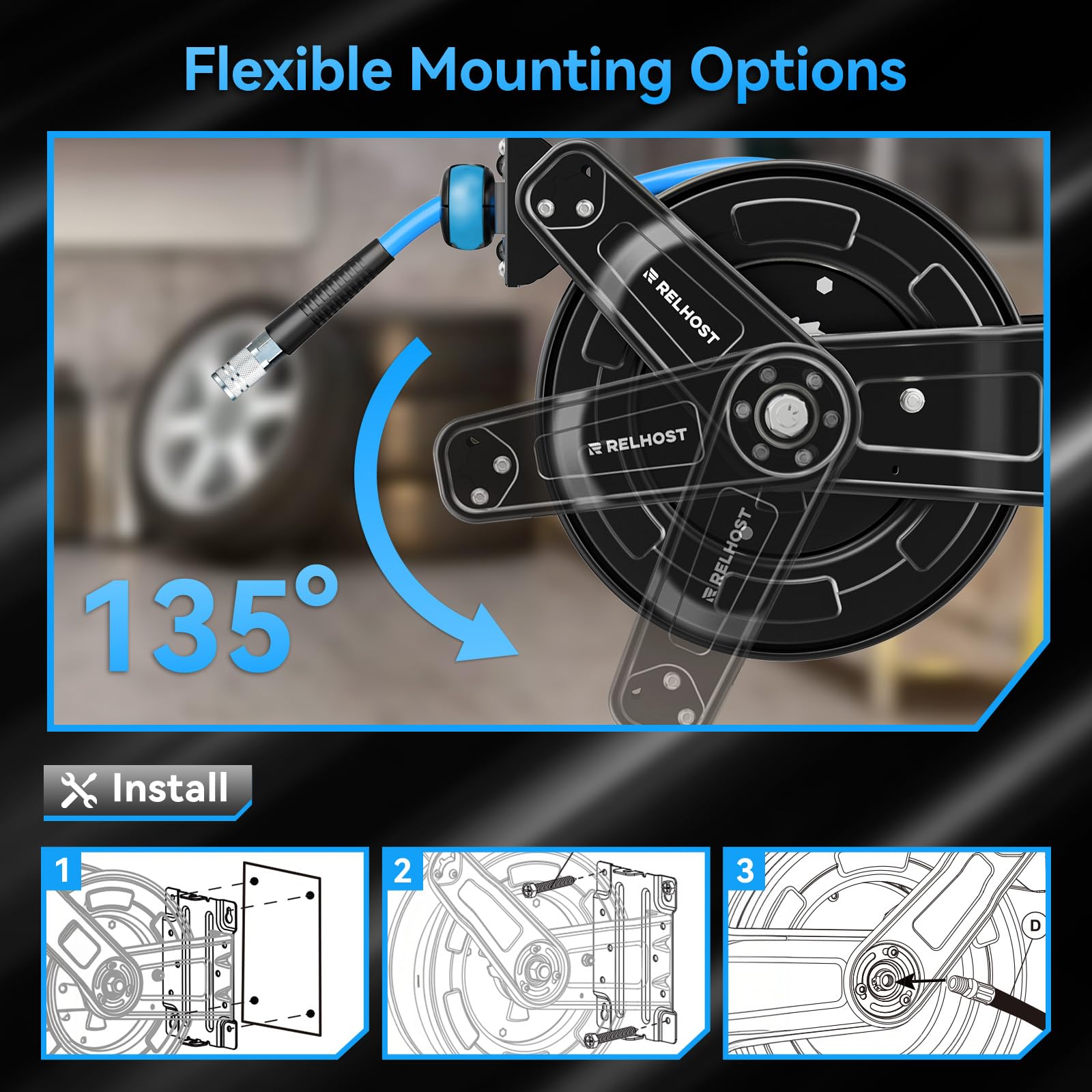 Relhost 135-degree guide arm enables easy hose positioning during tasks.