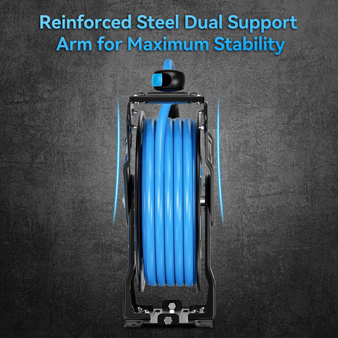 Relhost 65 ft hybrid polymer hose extended demonstrating flexibility and durability in workshop
