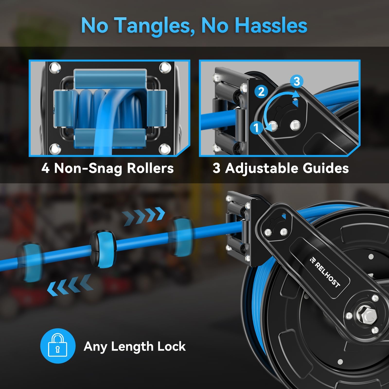 Relhost free-locking mechanism secures hose length reliably