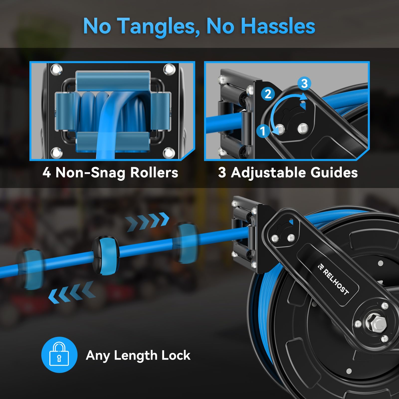 Relhost free-locking mechanism keeps hose at desired length securely.