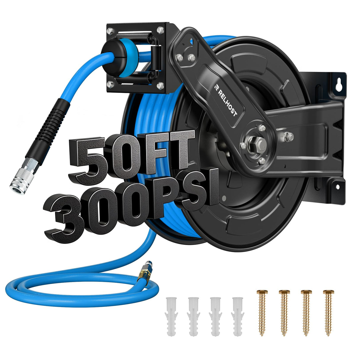 Relhost retractable air hose reel 50 ft with smooth auto rewind for garage use.
