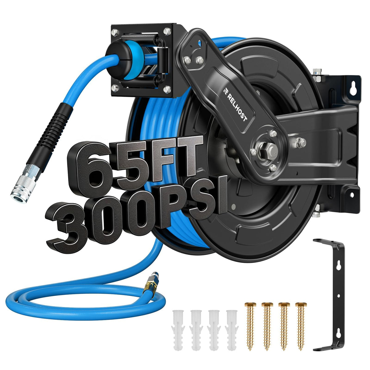 Relhost retractable air hose reel full assembly mounted on wall showing space-saving setup