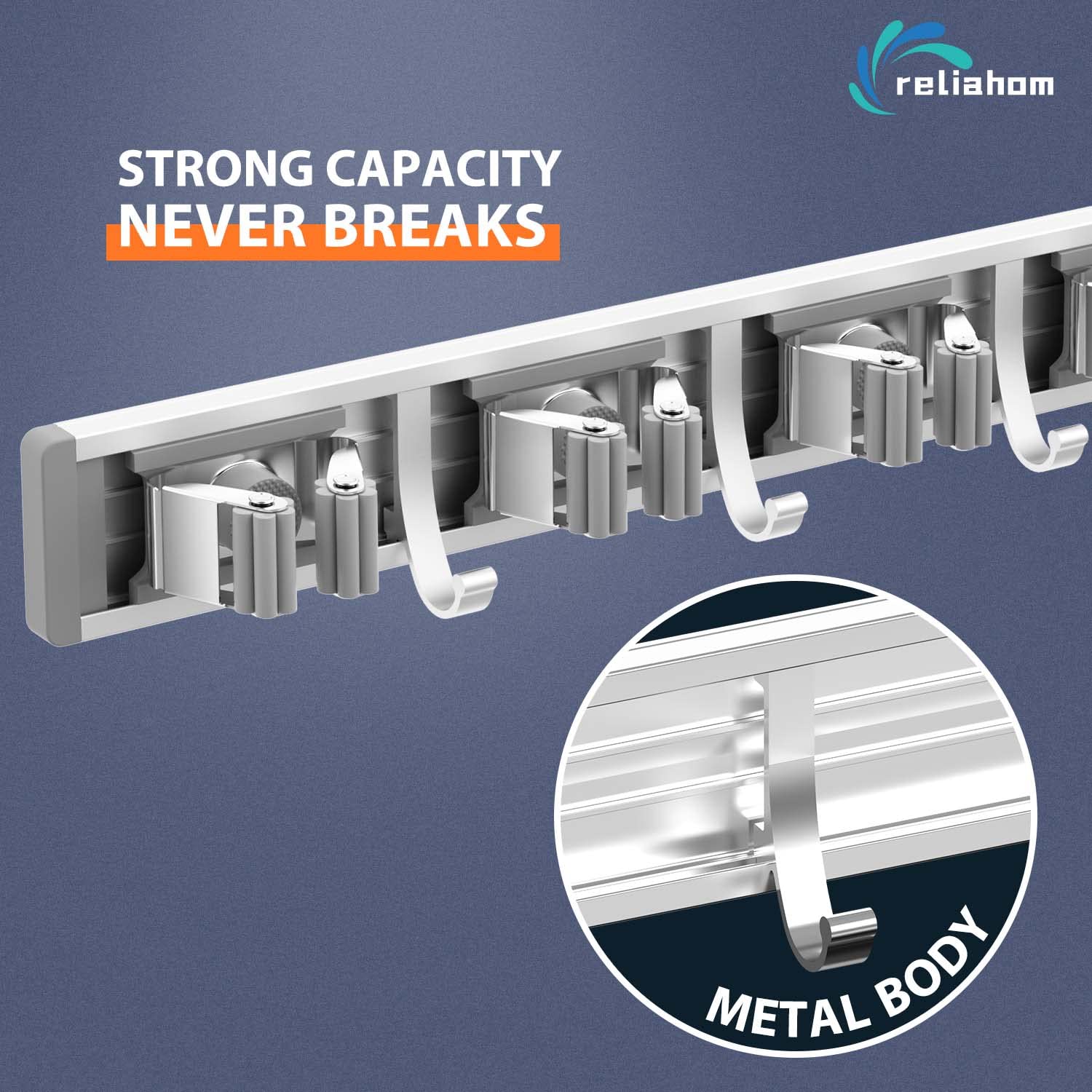 Reliahom broom holder front view highlighting sturdy metal design