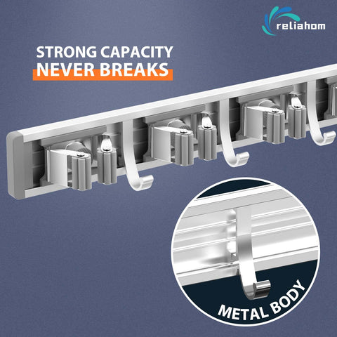 Reliahom broom holder front view highlighting sturdy metal design