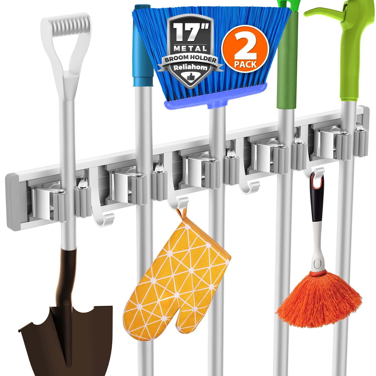 Reliahom broom holder wall mount in silver showing organized space for tools