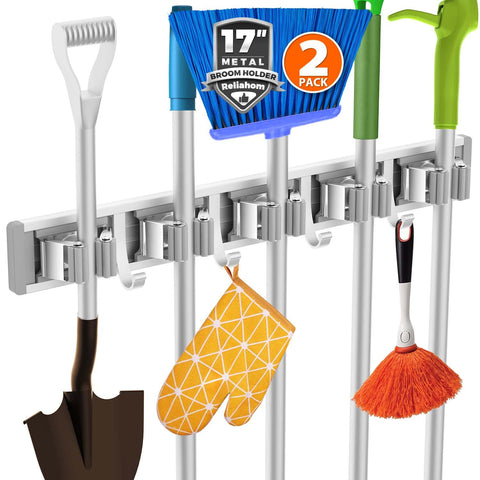 Reliahom broom holder wall mount in silver showing organized space for tools