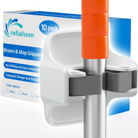 ReliaHom broom holder wall mount with multiple slots keeps brooms and mops organized.
