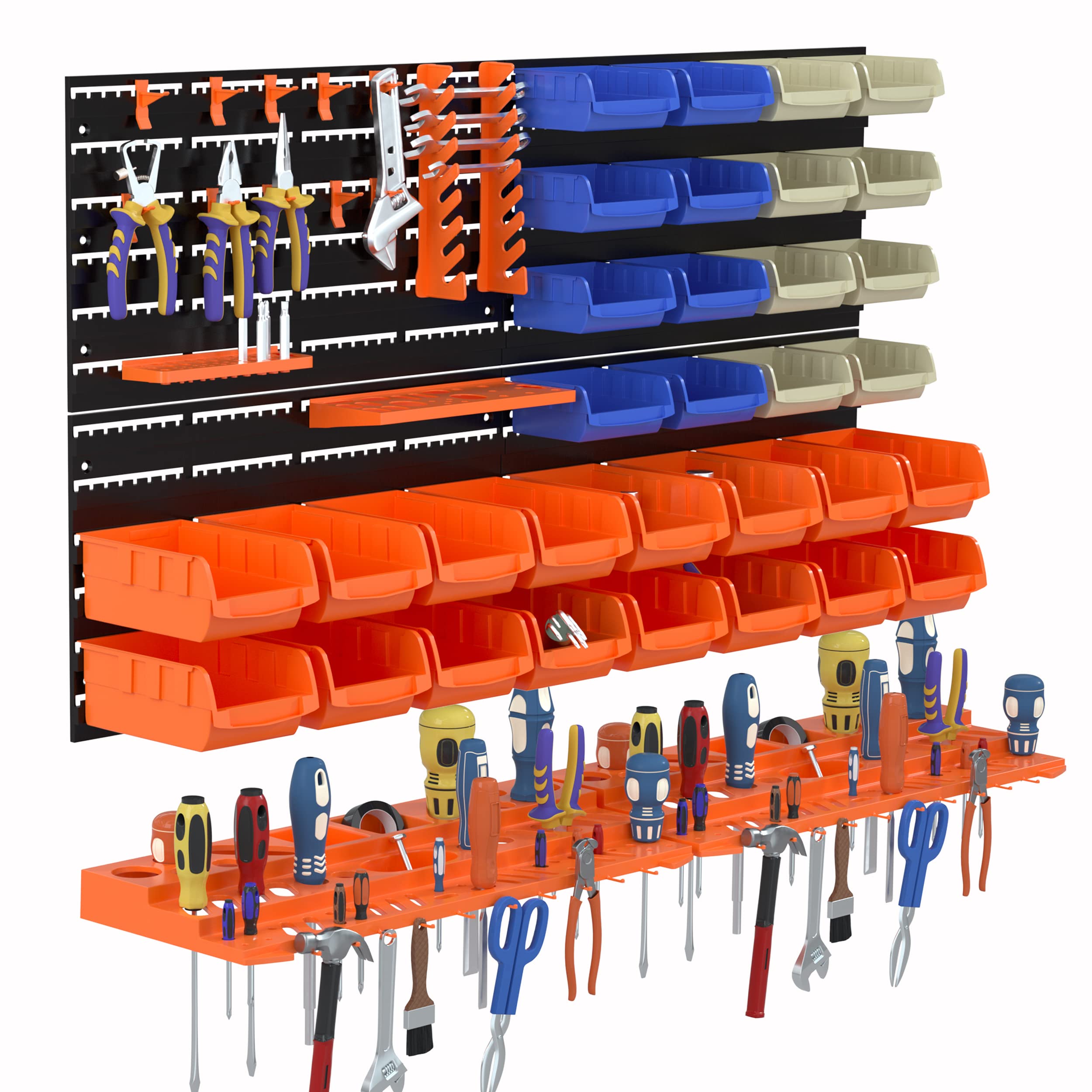 Reliancer 52-piece wall-mounted storage bins assembly keeps hardware organized and accessible.