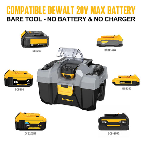 ReliaRoads RCSV-20 shown with DeWALT battery compatibility for existing tools