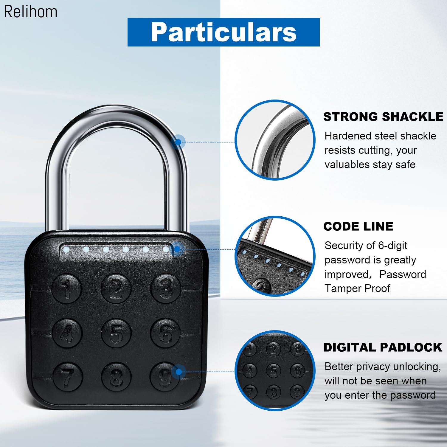 Relihom code-entry close-up showing keyless access for quick use